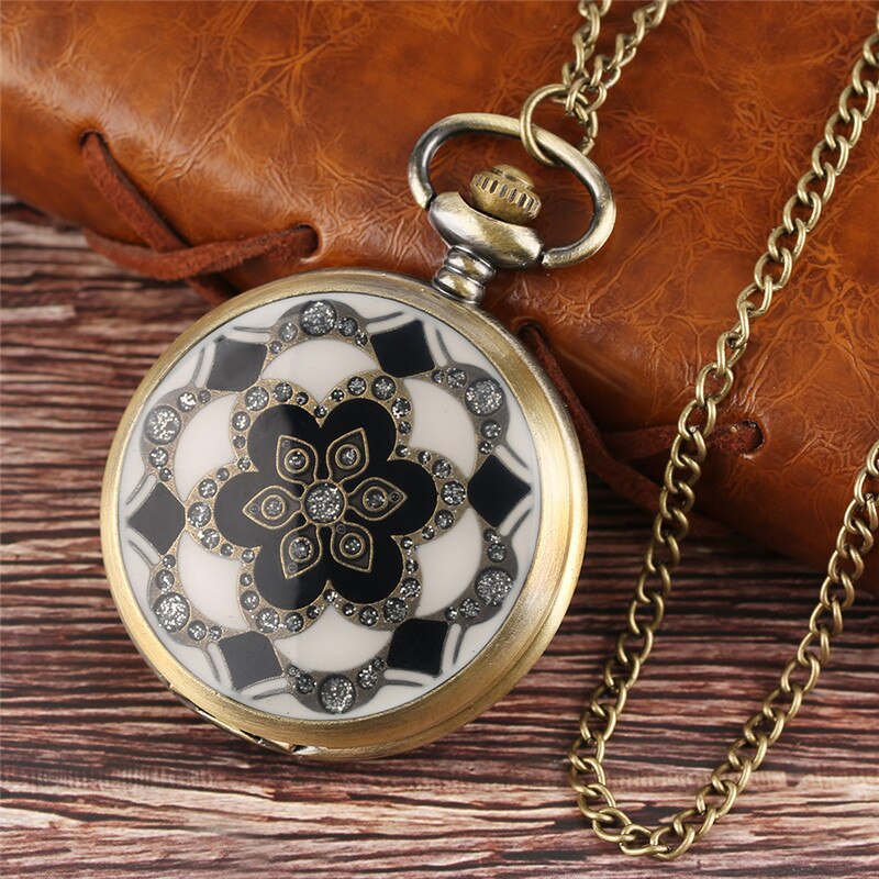Vintage Bronze Copper White Jade Flower Crystal Big Quartz Pocket Watch