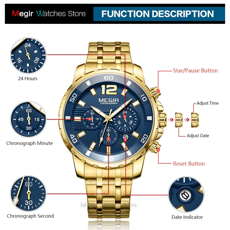 Gold Stainless Steel Quartz Watches Business Chronograph Analgue Wristwatch
