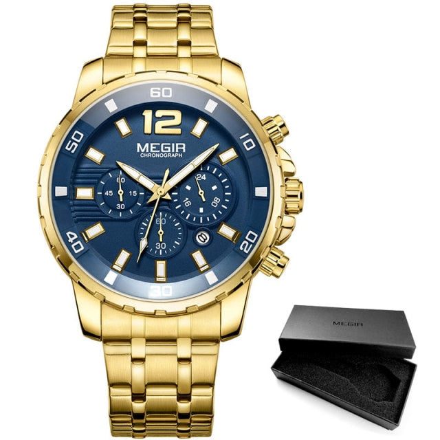 Gold Stainless Steel Quartz Watches Business Chronograph Analgue Wristwatch