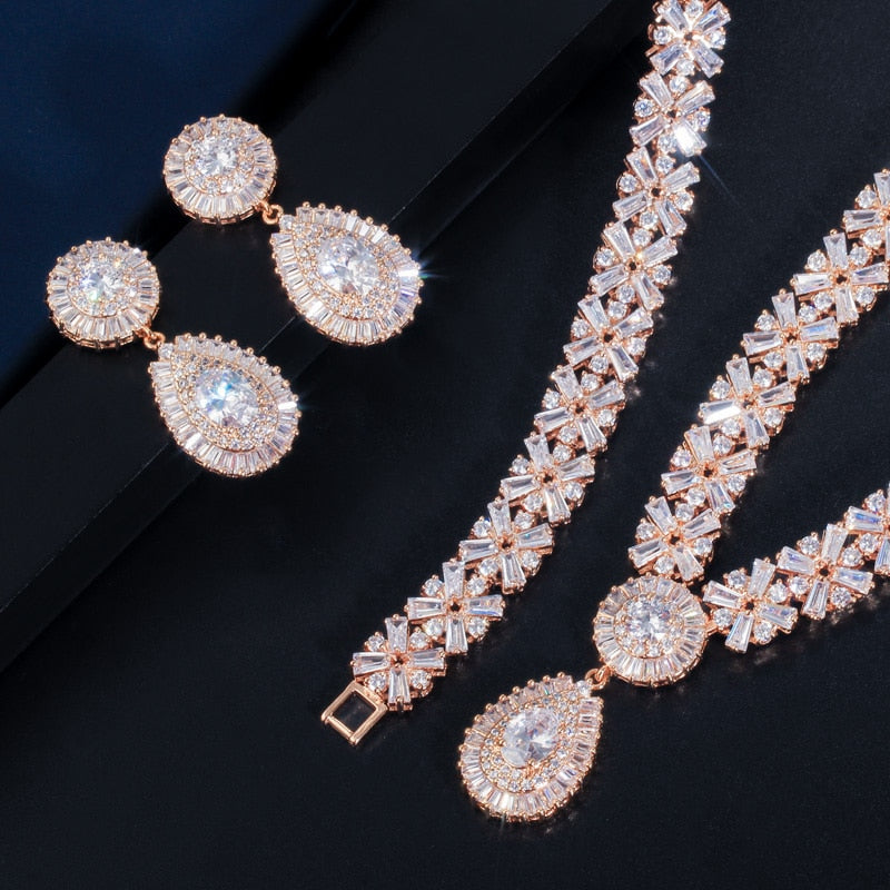Luxury Cubic Zirconia Necklace Earring Bracelet Party Jewelry Set