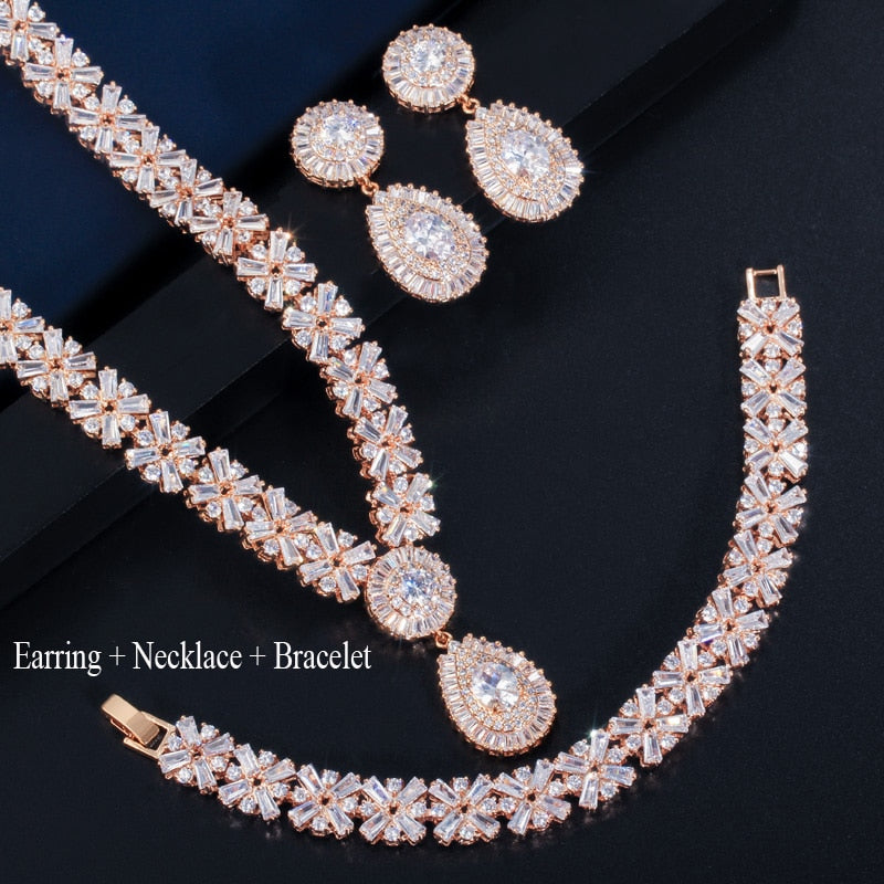Luxury Cubic Zirconia Necklace Earring Bracelet Party Jewelry Set