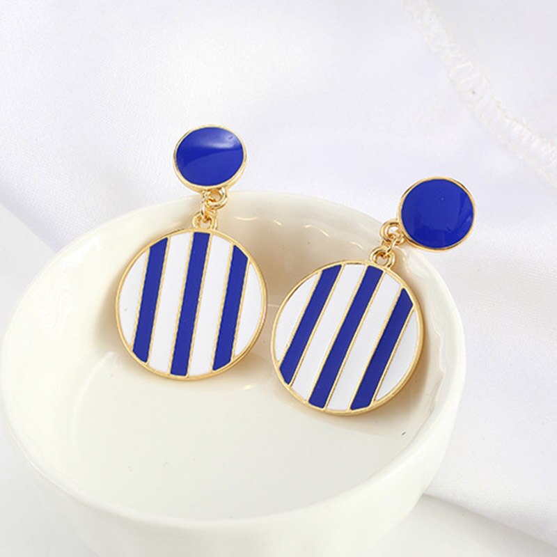 Classic Blue white Stripes Earring simple Round Statement clip on earrings