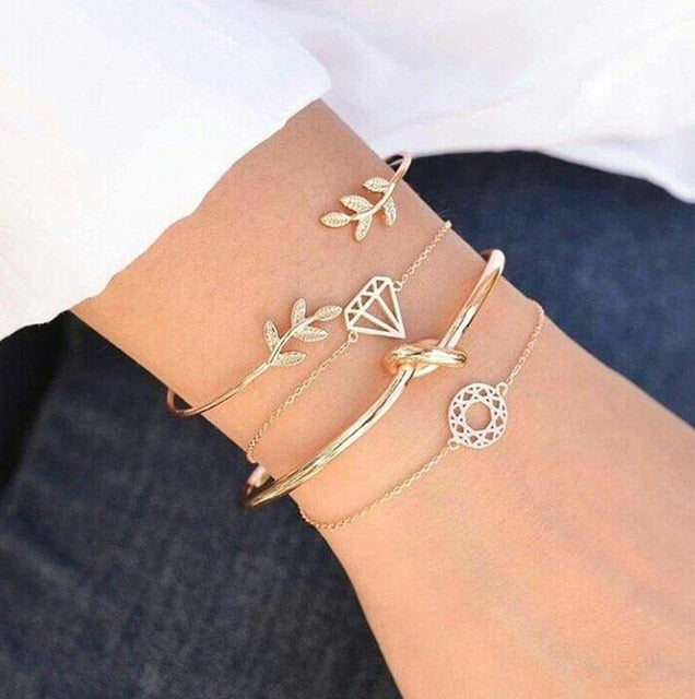 Fashion Bohemia Leaf Knot Hand Cuff Link Chain Charm Bracelet