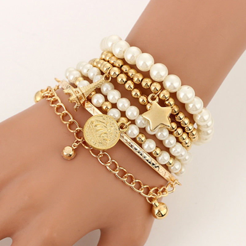 Fashion Gold Color Beads Pearl Star Multilayer Beaded Bracelets Set