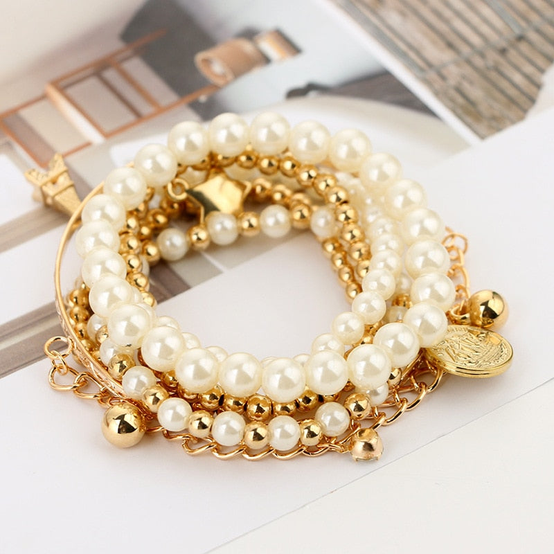 Fashion Gold Color Beads Pearl Star Multilayer Beaded Bracelets Set