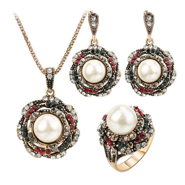 Antique Gold Crystal Vintage Imitation Pearls Jewelry Sets