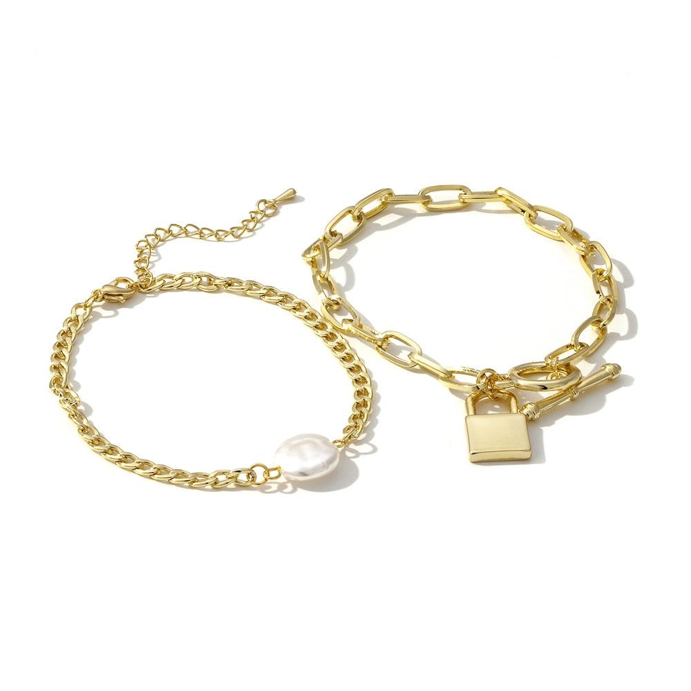 Combination Bracelet Trendy Gold Imitation Pearls Bangle