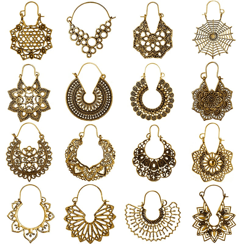Vintage Gold Silver Color Metal Dangle Hollow Earrings