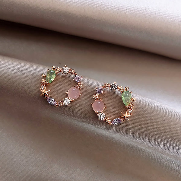 Classic Round Pink Green Crystal Stud Earrings