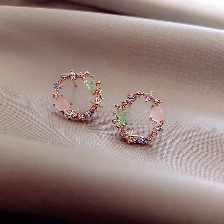 Classic Round Pink Green Crystal Stud Earrings