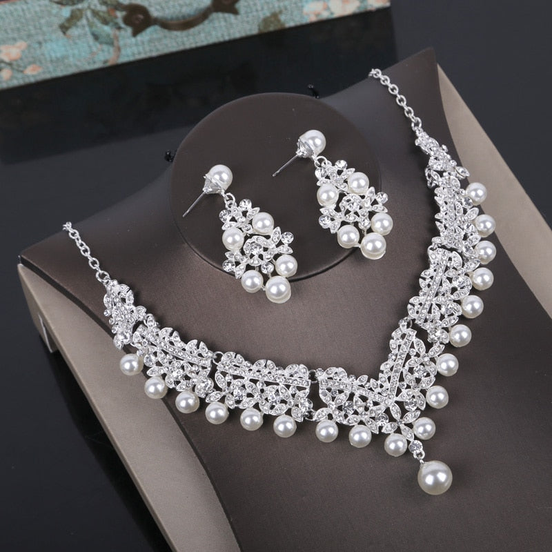 Rhinestone Statement Necklace Earrings Crown Tiaras Set