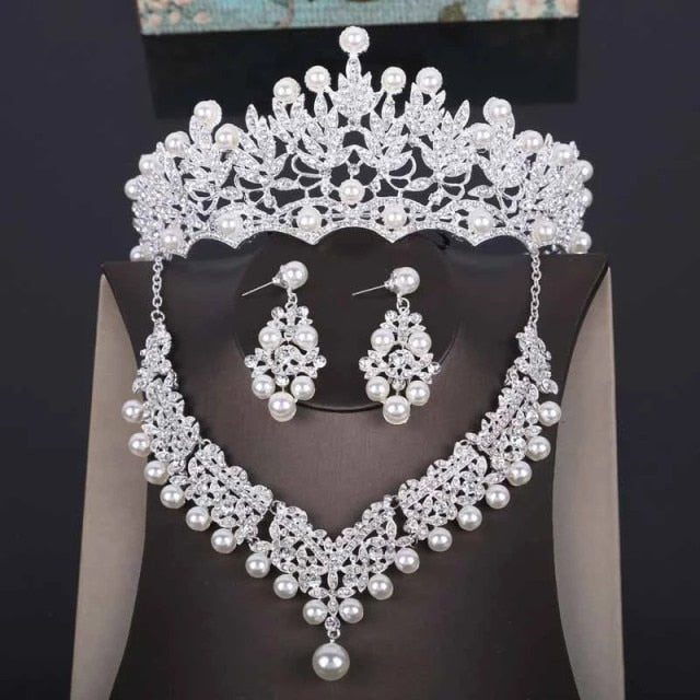Rhinestone Statement Necklace Earrings Crown Tiaras Set