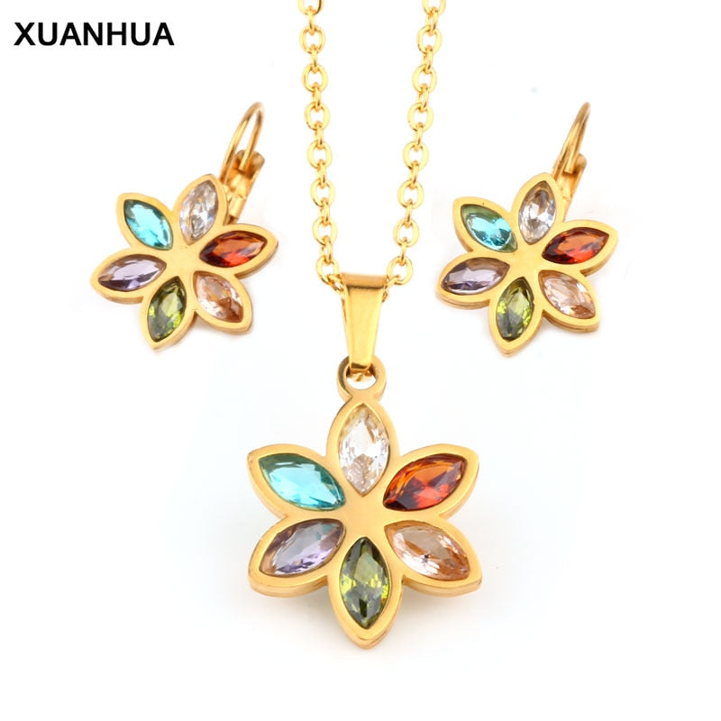 Stainless Steel Wedding Necklace Earrings Set  For Women