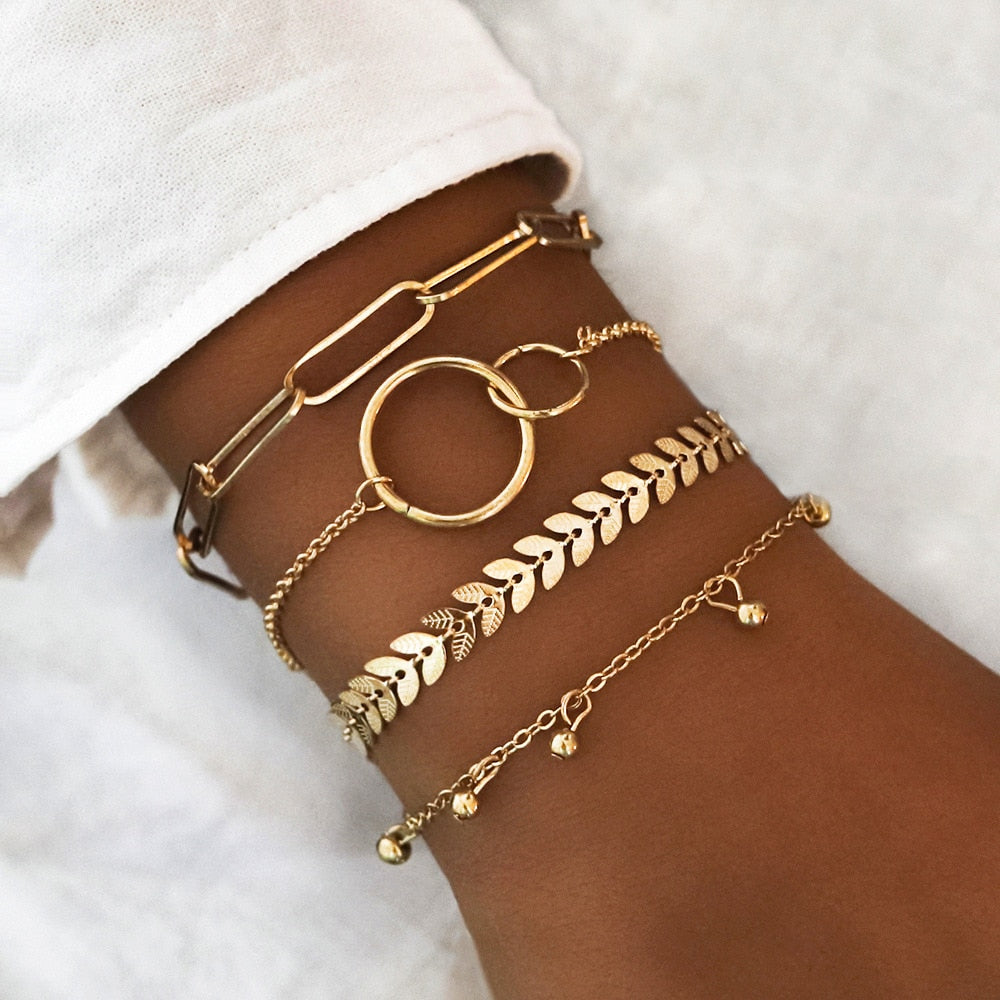 Boho Mixed Leaves Letter Map Chain Bracelet