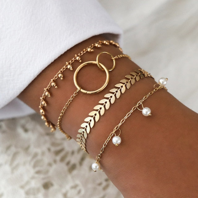 Boho Mixed Leaves Letter Map Chain Bracelet