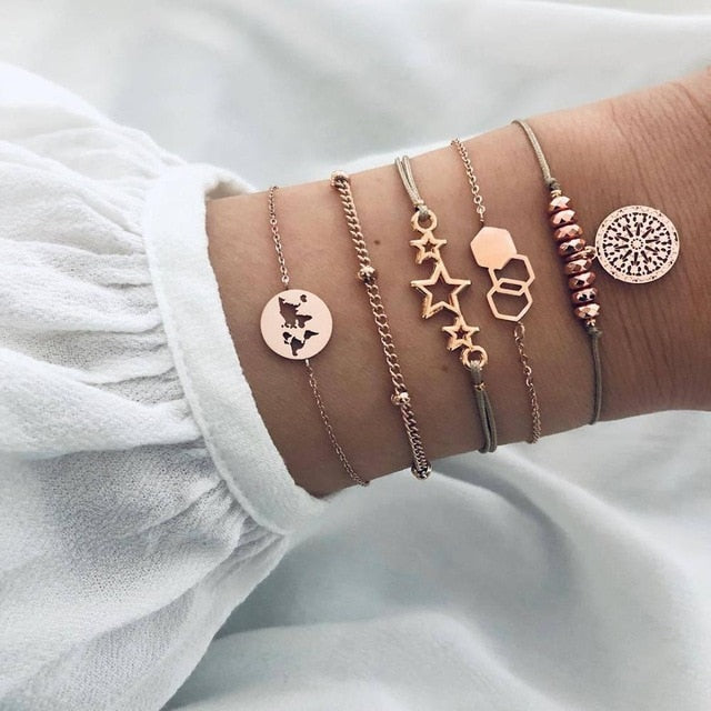 Boho Mixed Leaves Letter Map Chain Bracelet