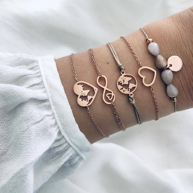 Boho Mixed Leaves Letter Map Chain Bracelet