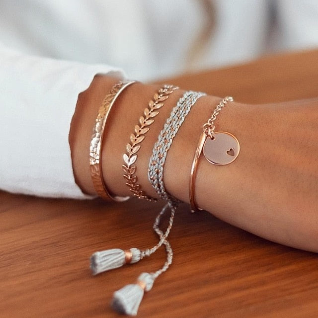 Boho Mixed Leaves Letter Map Chain Bracelet