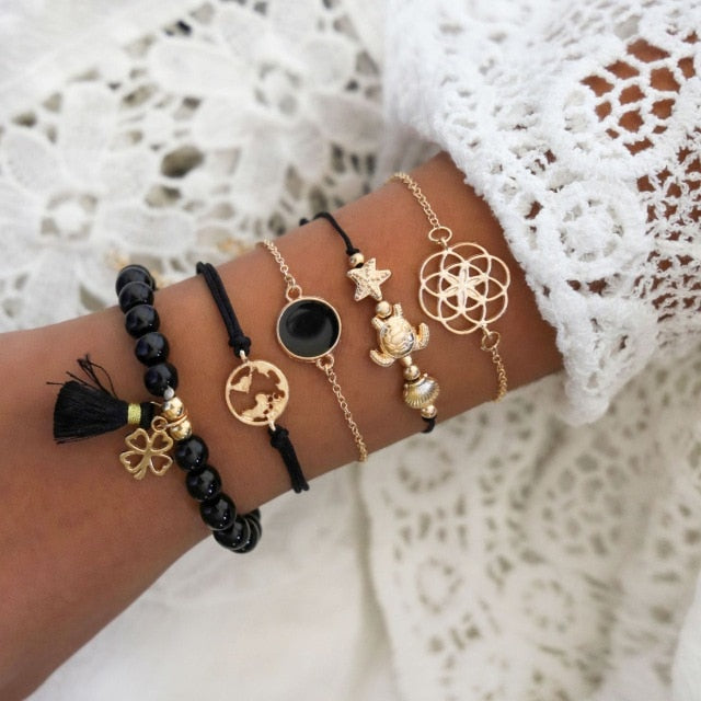 Boho Mixed Leaves Letter Map Chain Bracelet