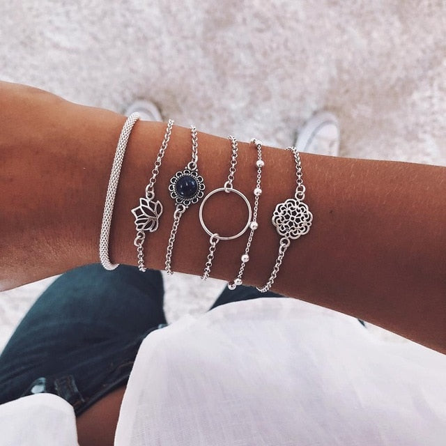 Boho Mixed Leaves Letter Map Chain Bracelet