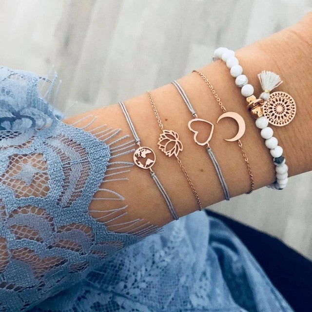 Boho Mixed Leaves Letter Map Chain Bracelet