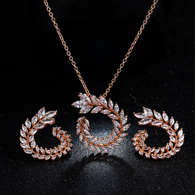 Zircon Olive Branch Earrings and Pendant Jewelry Sets