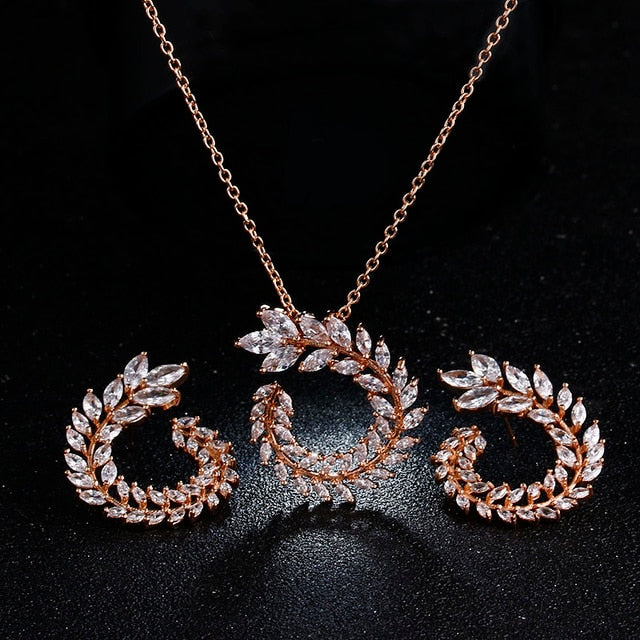 Zircon Olive Branch Earrings and Pendant Jewelry Sets
