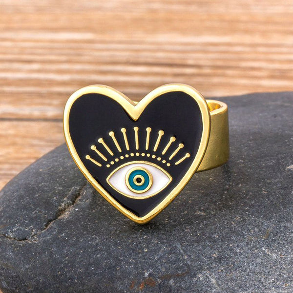 Fashionable Evil Eye Black Gold Adjustable Rings For Women