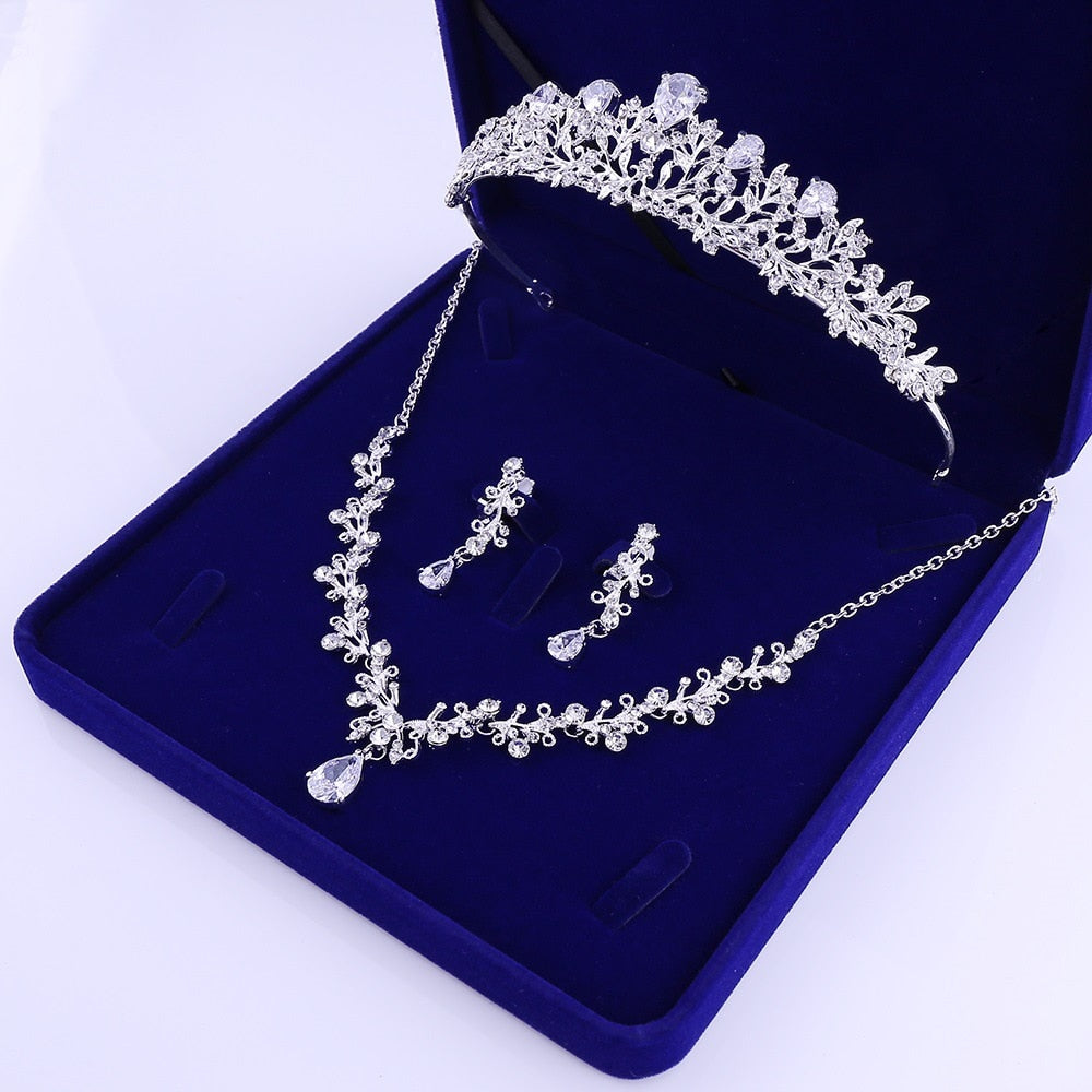 Rhinestone Crown Tiaras Necklace Earrings Set
