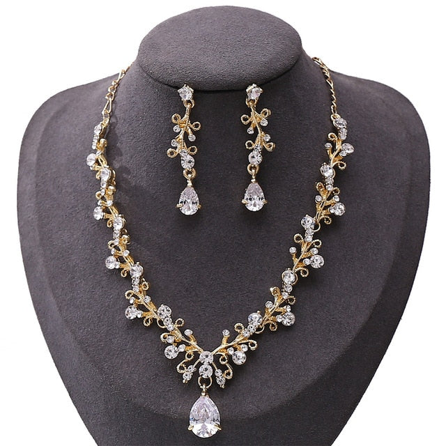 Rhinestone Crown Tiaras Necklace Earrings Set