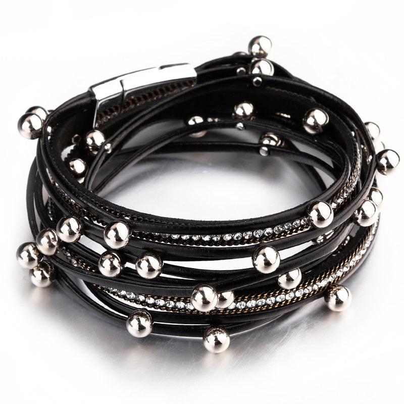 Metal Beads Charm Leather Bracelets for Women