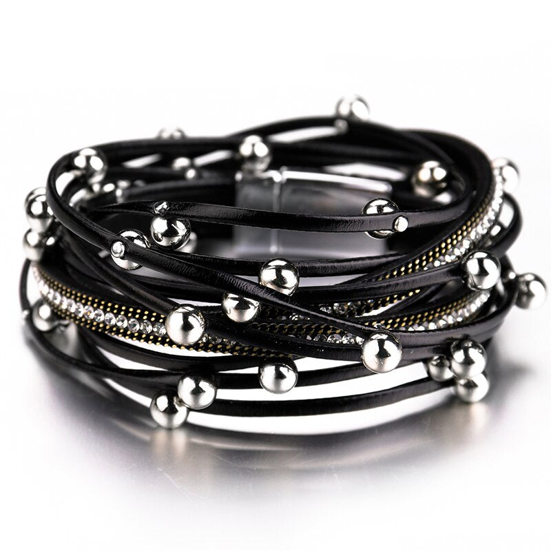 Metal Beads Charm Leather Bracelets for Women