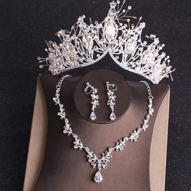Rhinestone Crystal Gold Tiara Crown  Jewelry Set