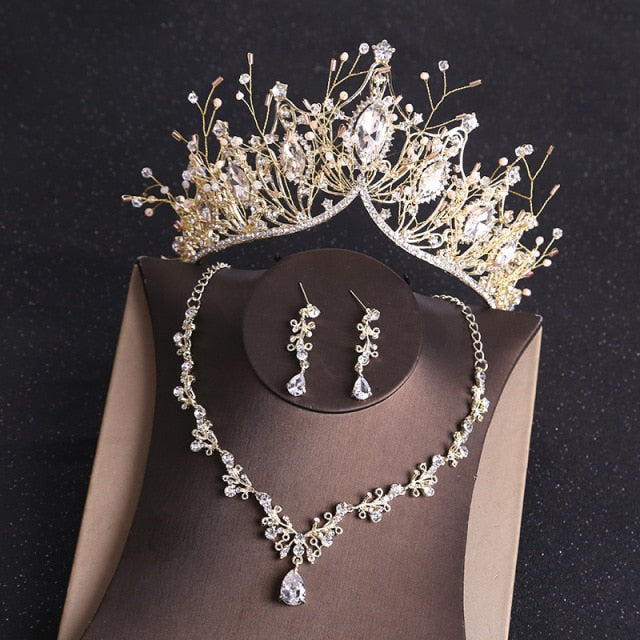Rhinestone Crystal Gold Tiara Crown  Jewelry Set