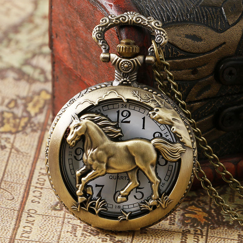 Retro Bronze Hollow Horse Case Design Quartz Pocket Watch