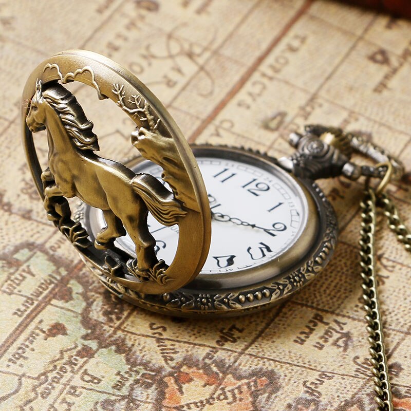 Retro Bronze Hollow Horse Case Design Quartz Pocket Watch