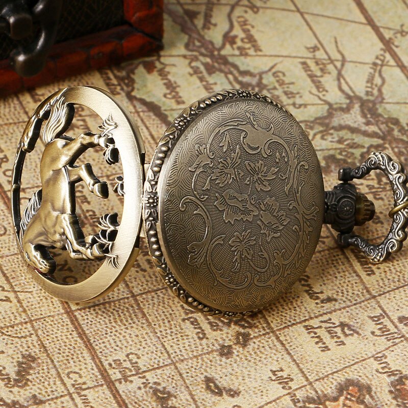Retro Bronze Hollow Horse Case Design Quartz Pocket Watch
