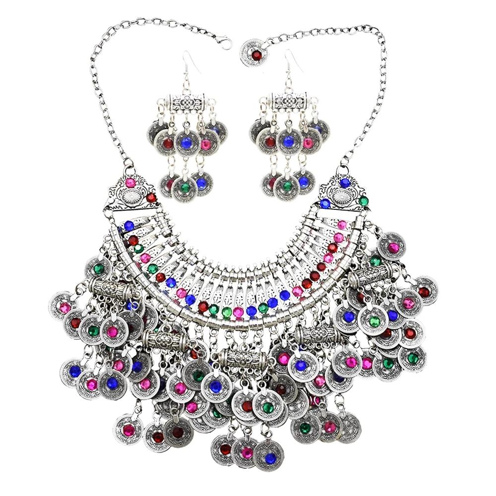 Afghan Silver Color Coin Tassel Bib Statement Necklace & Earring Sets