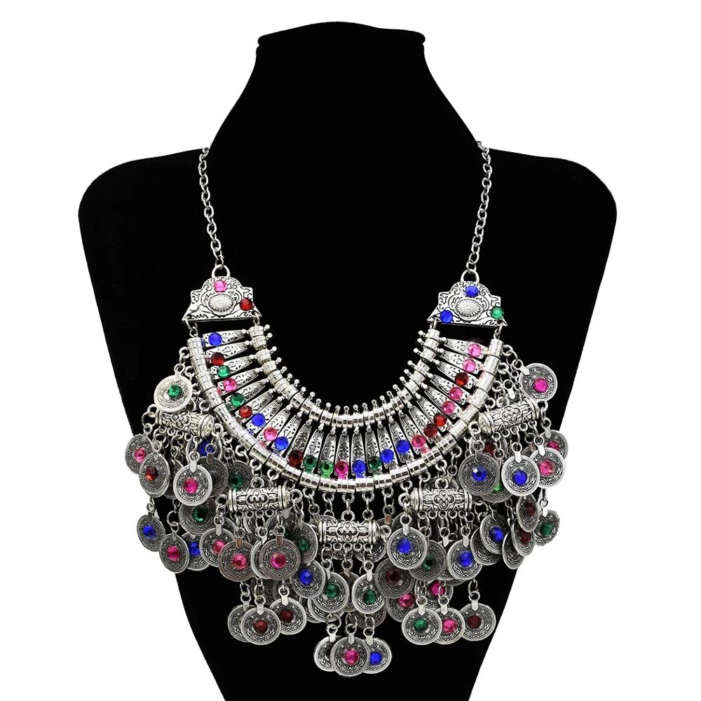 Afghan Silver Color Coin Tassel Bib Statement Necklace & Earring Sets