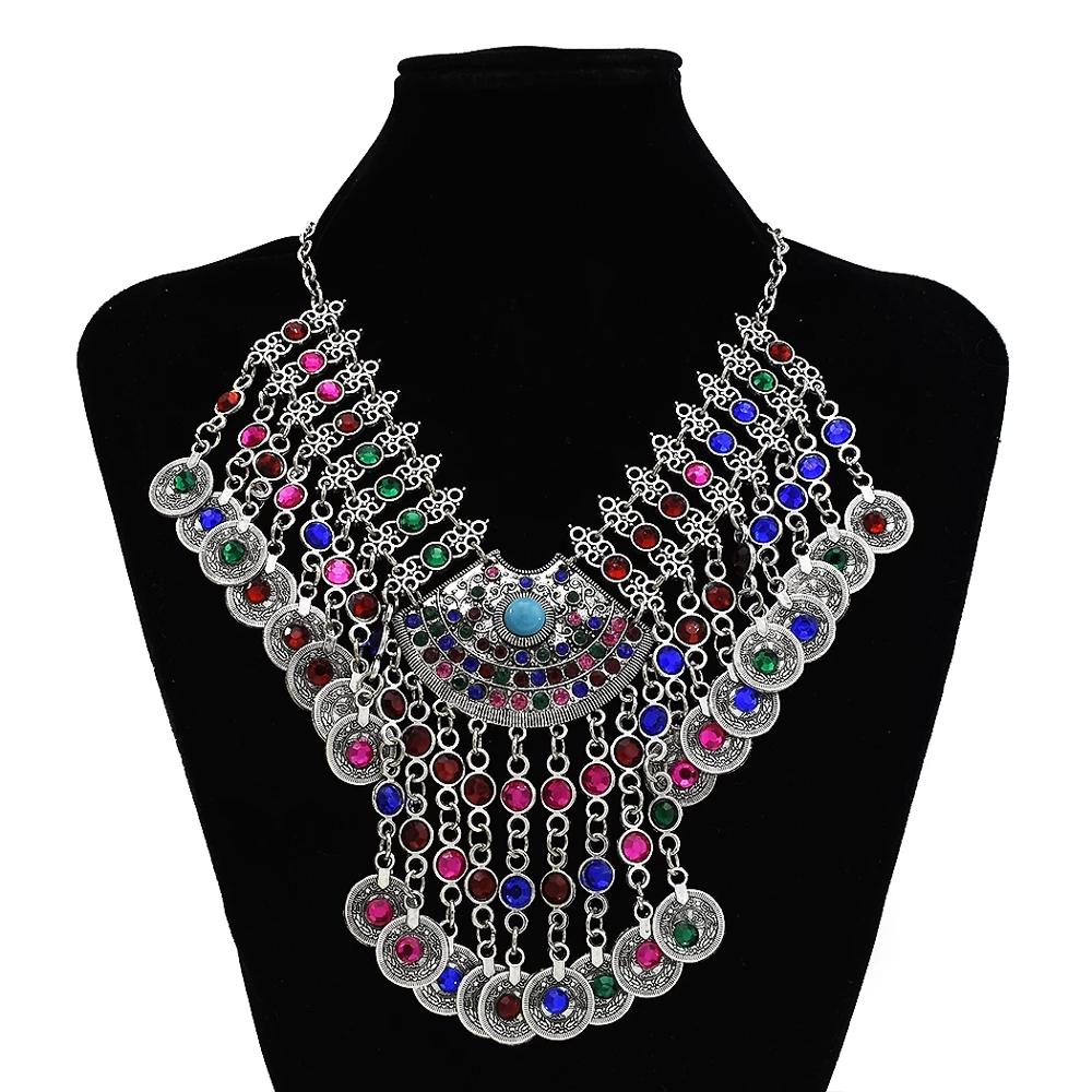 Afghan Silver Color Coin Tassel Bib Statement Necklace & Earring Sets
