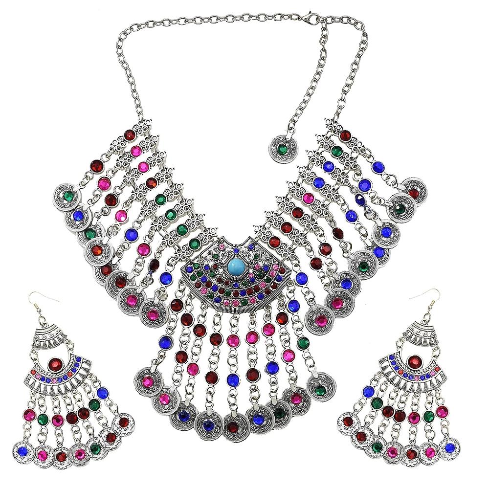 Afghan Silver Color Coin Tassel Bib Statement Necklace & Earring Sets