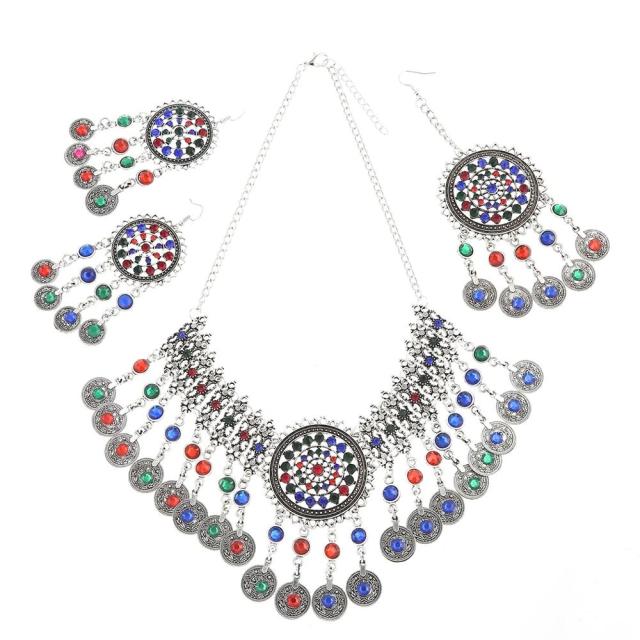 Afghan Silver Color Coin Tassel Bib Statement Necklace & Earring Sets