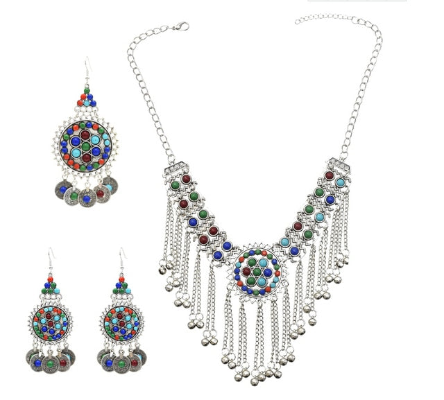Afghan Silver Color Coin Tassel Bib Statement Necklace & Earring Sets