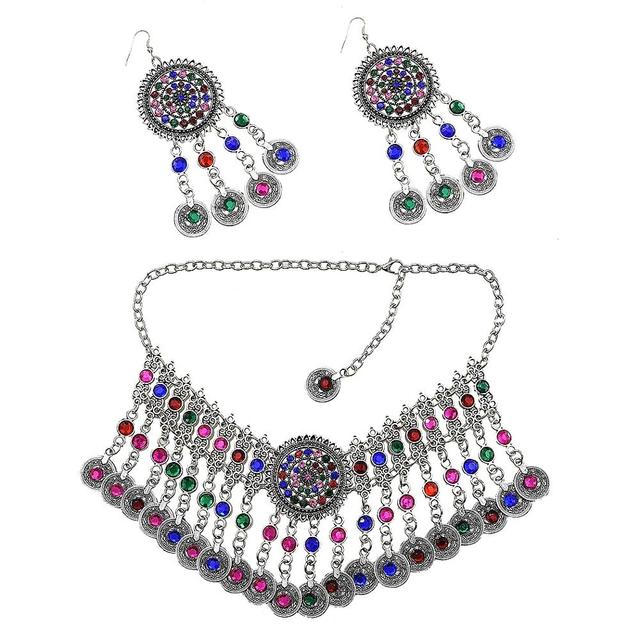 Afghan Silver Color Coin Tassel Bib Statement Necklace & Earring Sets