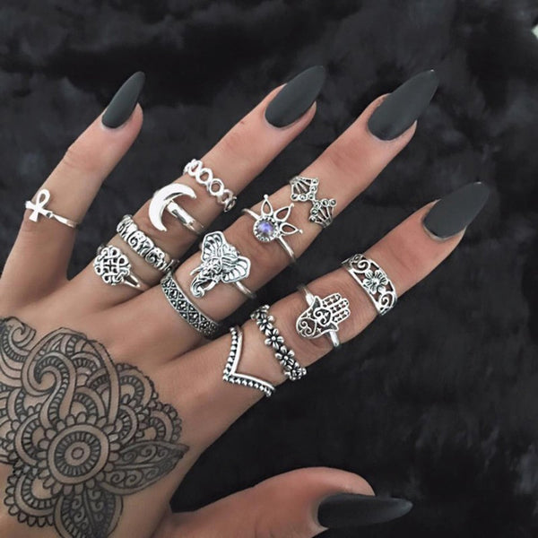 Conjunto de anillos de cristal con corona de elefante y flores de Bohemia