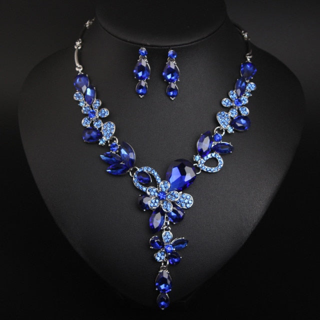 Luxury Big Blue Water Drop Flower Crystal Bridal Jewelry Sets
