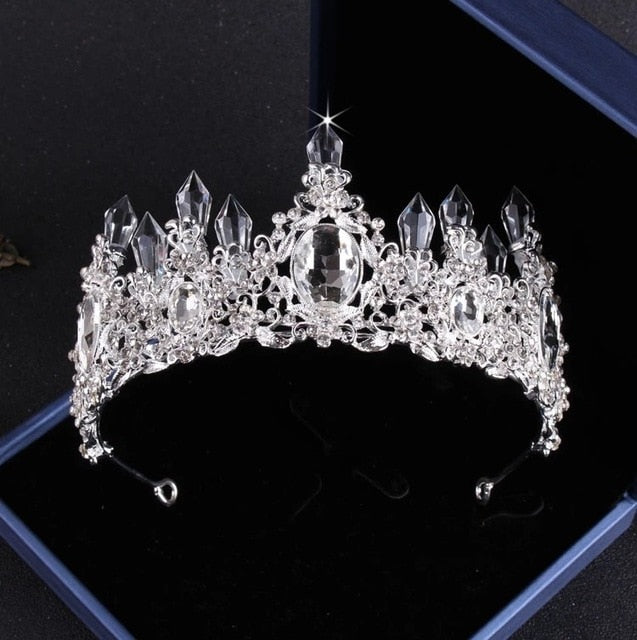 Silver Plated Crystal Crown Tiaras Necklace Earrings Set
