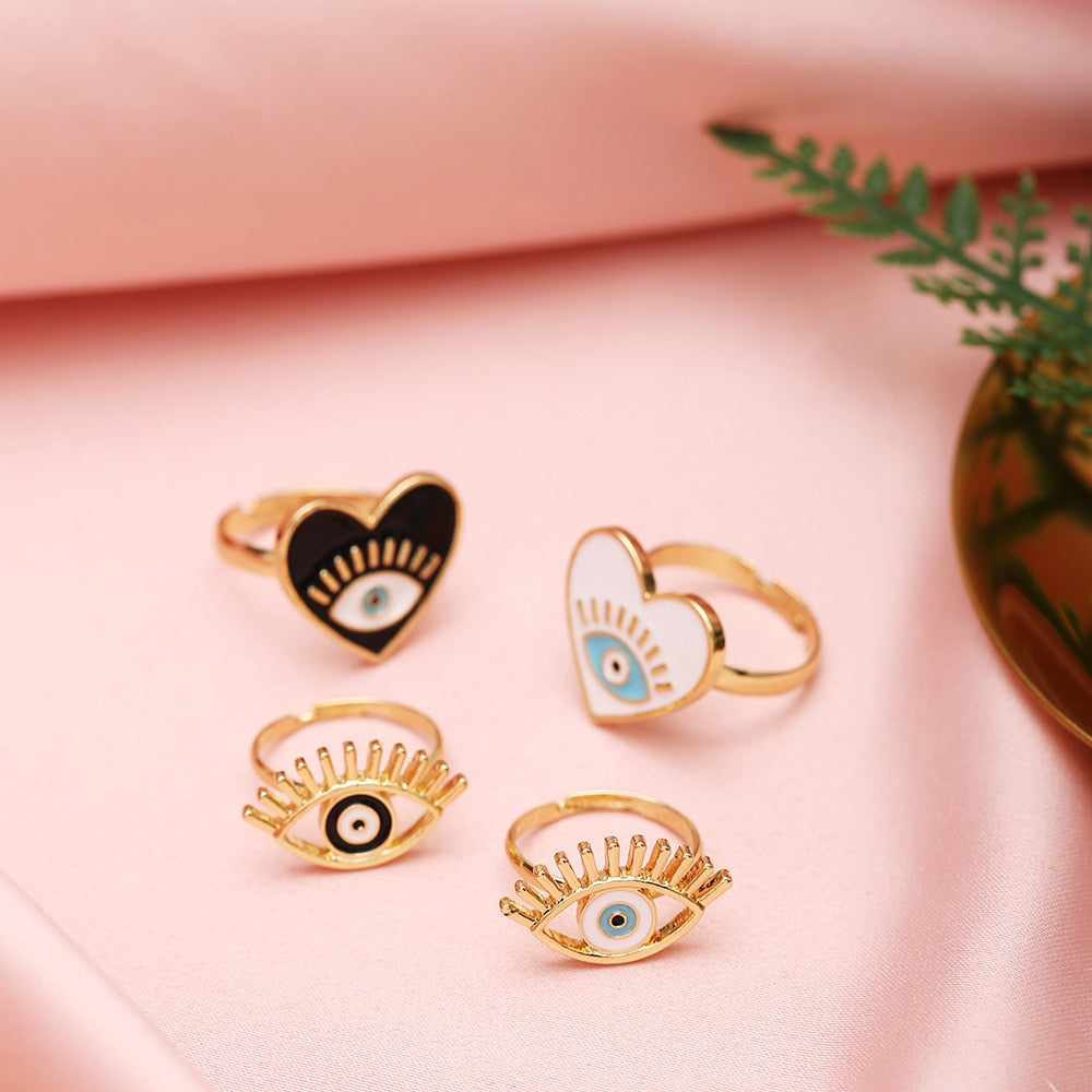Black White Drip Process Adjustable Evil Eye Heart Shape Gold Rings
