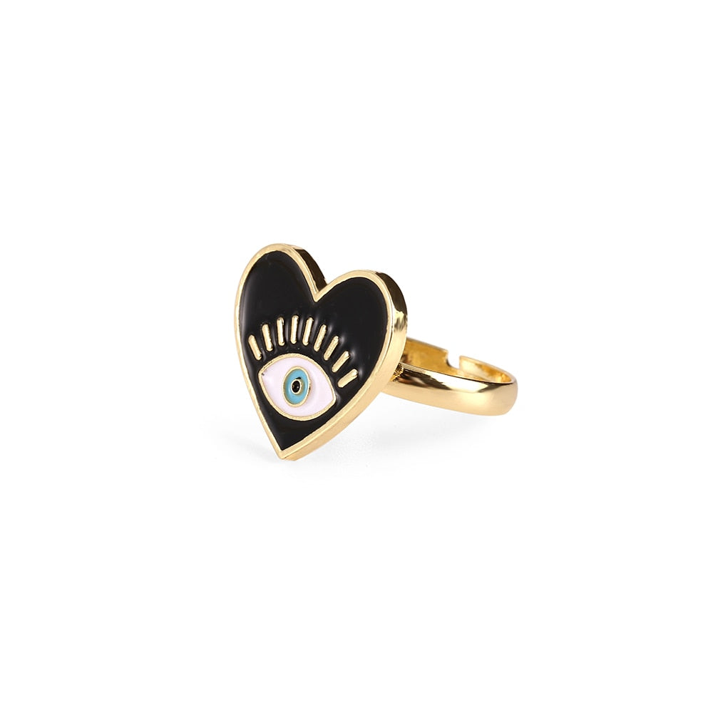 Black White Drip Process Adjustable Evil Eye Heart Shape Gold Rings