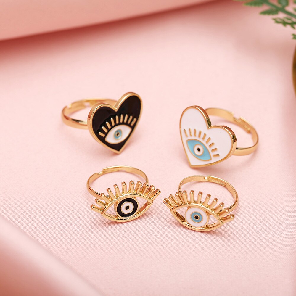 Black White Drip Process Adjustable Evil Eye Heart Shape Gold Rings